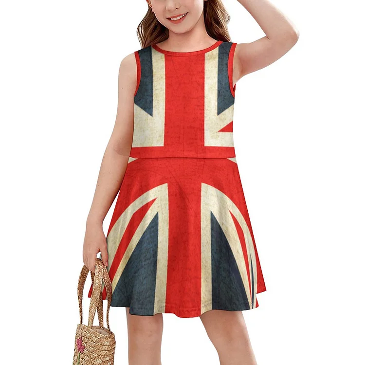 Vintage Union Jack British Uk Flag Lumbar Girls' Sleeveless Dress Casual Print Sundress for Girls 4-14 Years - Heather Prints Shirts