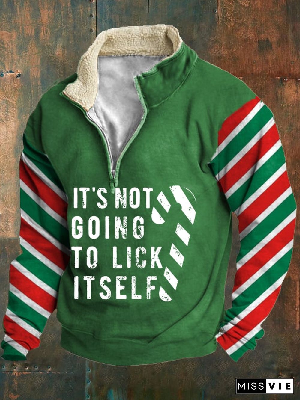 Men's Funny Christmas It's Not Going To Lick Itself Candy Cane Casual Fur Collar Top