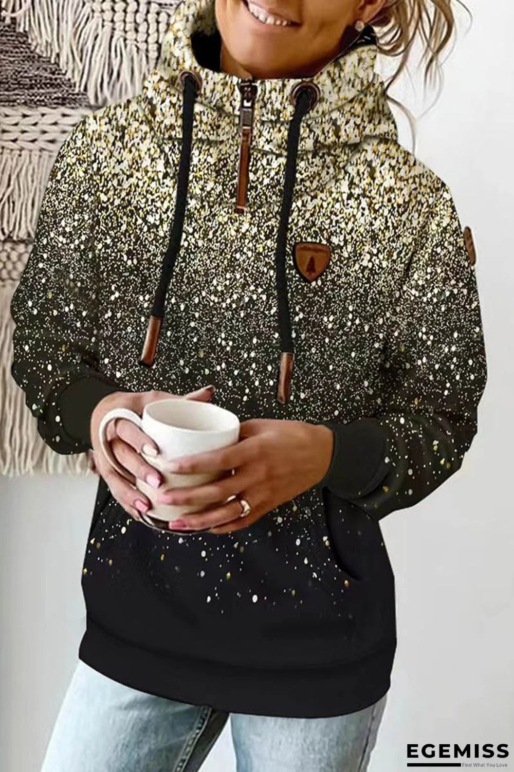 Black Casual Print Patchwork Hooded Collar Tops | EGEMISS