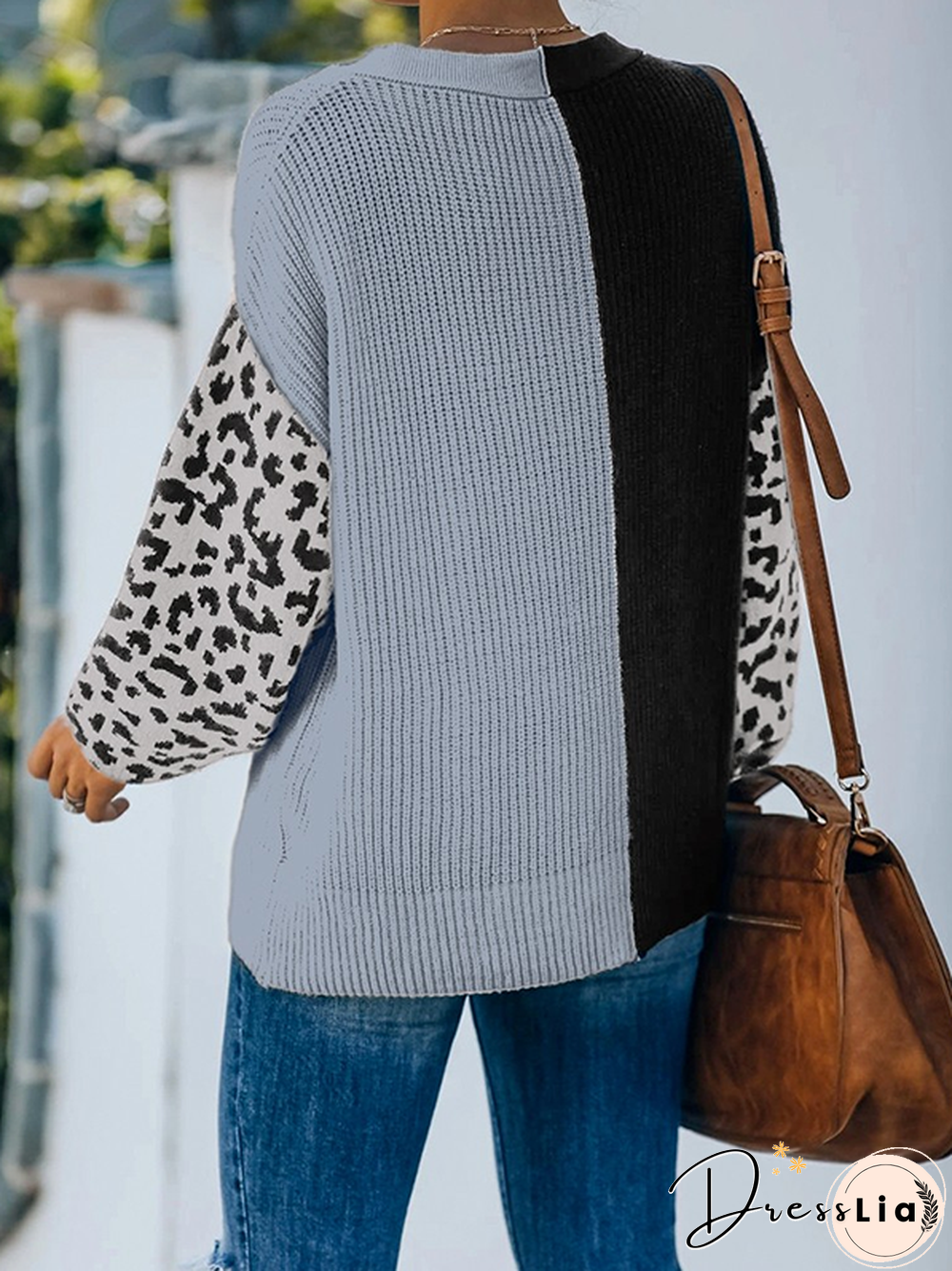 Leopard Color Block V Neck Casual Sweater