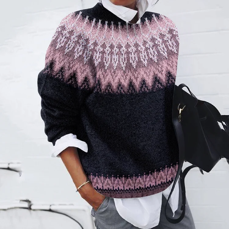 VChics Vintage Tribal Icelandic Knit Contrast Pattern Sweater