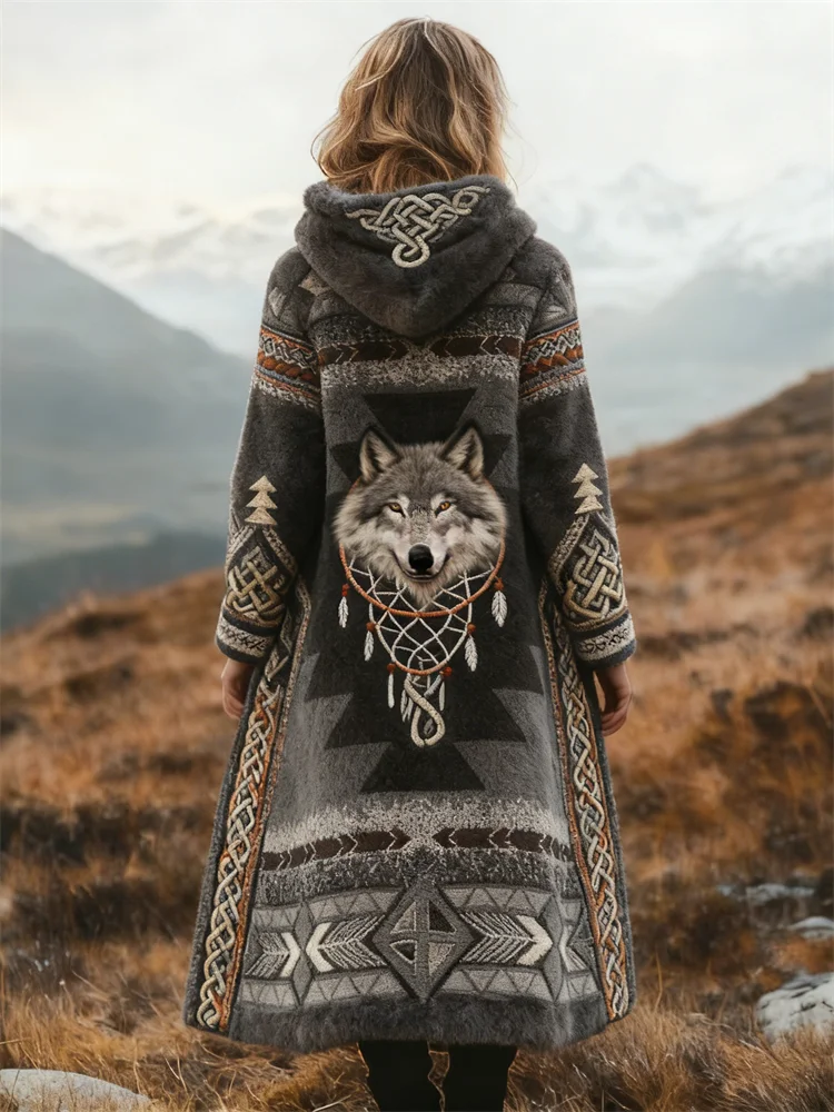 Wolf Dreamcatcher Celtic Knot Aztec Hooded Maxi Plush Cardigan