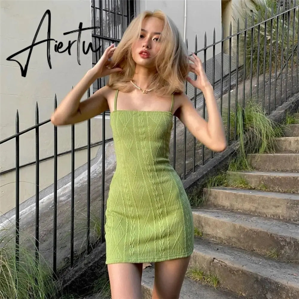Women Fashion Elegant Streetwear Strap Mini Dress Summer New Solid Green Knit Stretch Slim Office Lady Dresses Aiertu