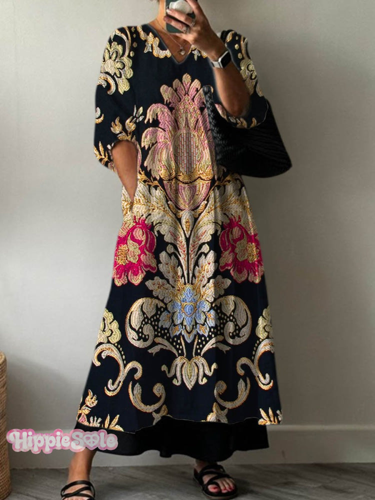 Women’s Vintage Lovely Floral Art Print Pocket V-Neck Cotton Dress Multicolor / S
