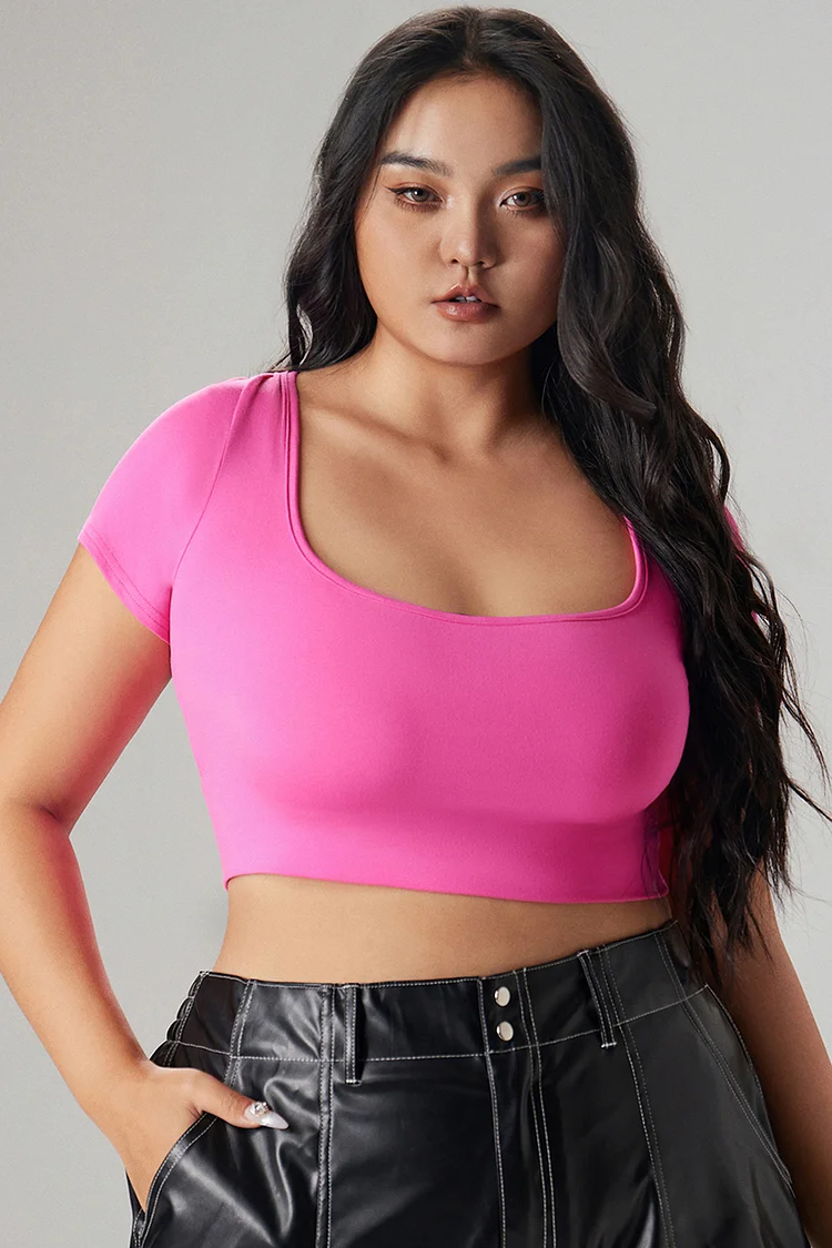 Xpluswear Design Plus Size Casual T-Shirt Hot Pink Square Neck Short Sleeve Knitted T-Shirt [Pre-Order]