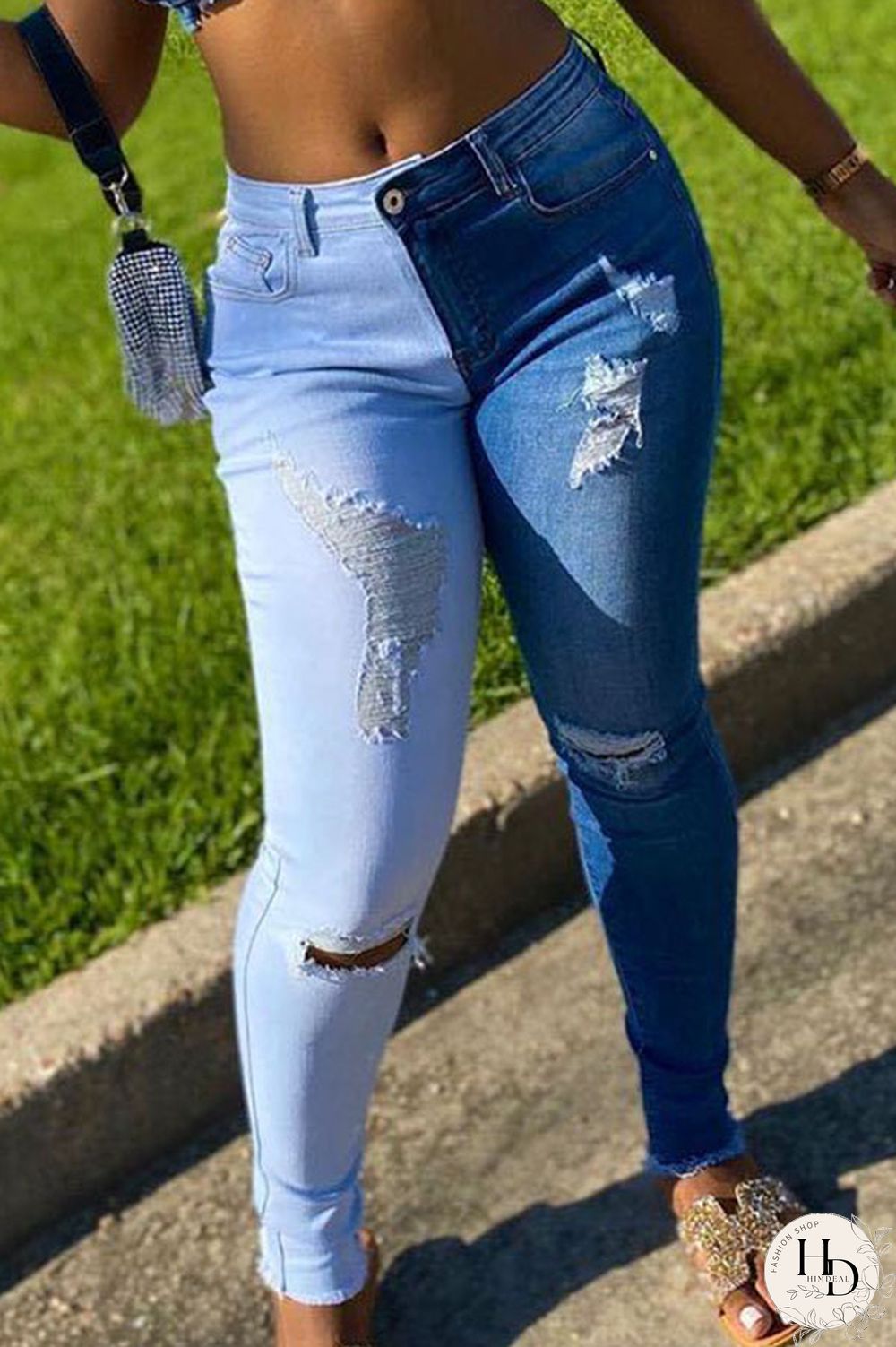 The cowboy blue Casual Color Lump Patchwork Solid Ripped Make Old Pocket Mid Waist Skinny Denim