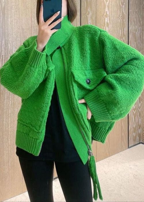 Fashion Green Zip Up Pockets Knitted Tops Coat Spring CK1535- Fabulory