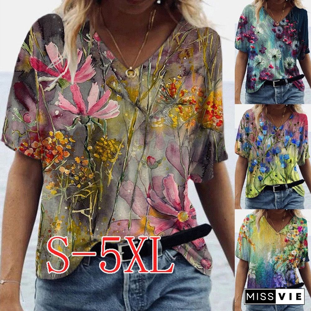 New Fashion Women's Abstract Printed Short Sleeve Tops Casual Blouse Fashion V-neck Tshirt