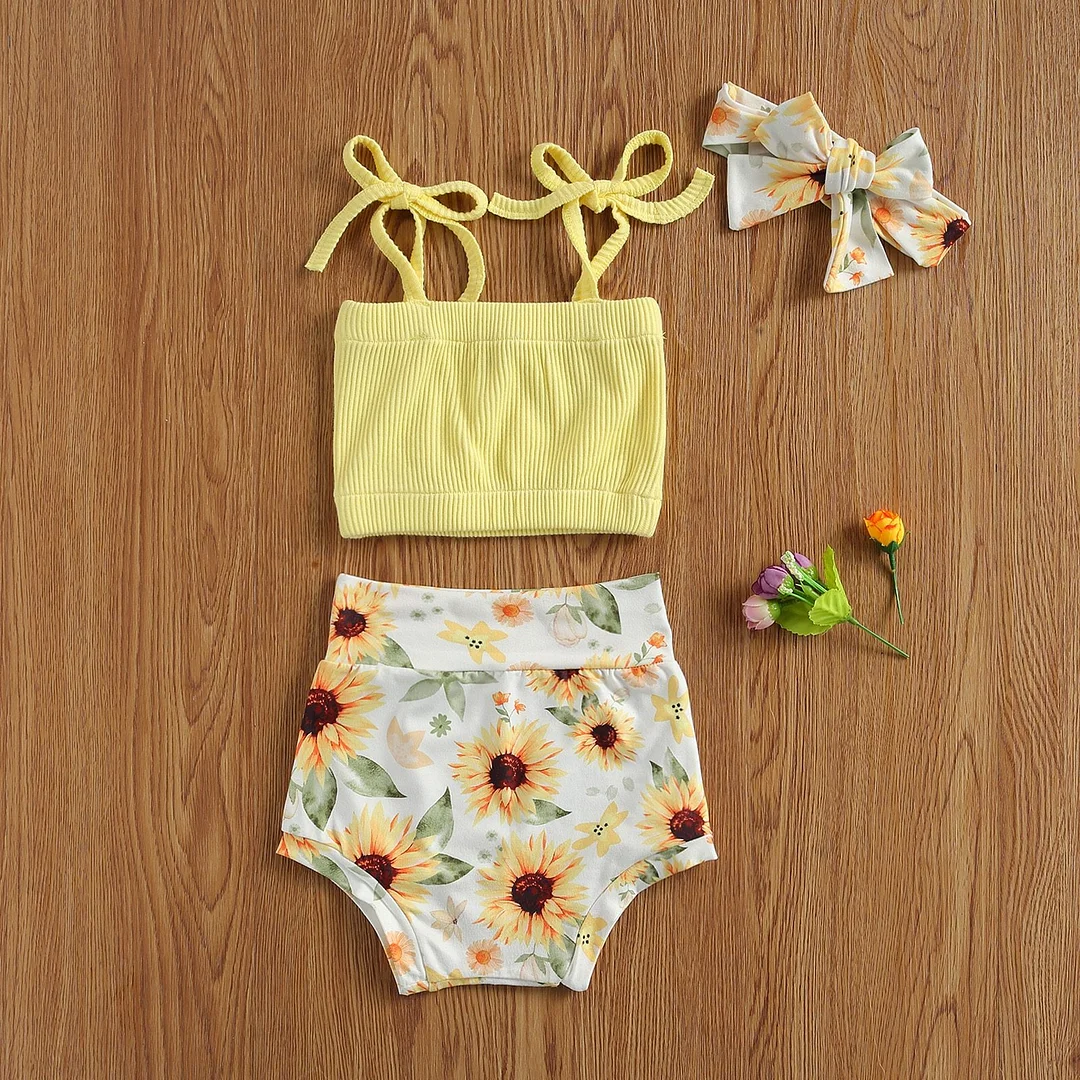 Infant Newborn 3Pcs Baby Girl Summer Outfits, Bow Tie Strap Ribbed Tank Tops + Short Pants + Headband Set