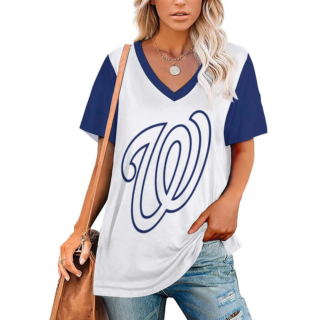 V-neck Short Sleeve Casual T-shirt for  Women Printed with Pattern , Blue, Red