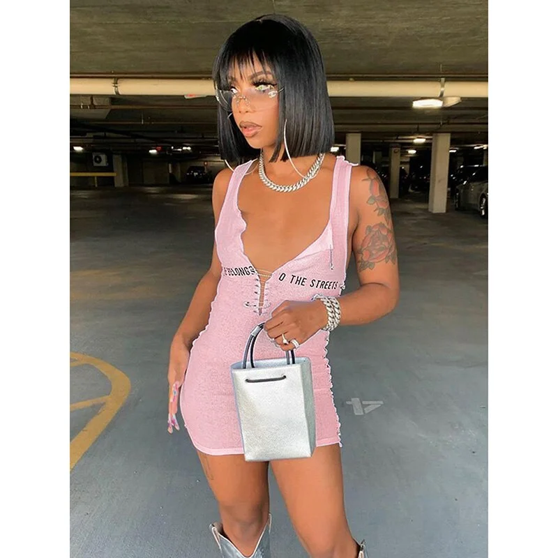 Hugcitar 2021 Sleeveless  Mini Dress Patchwork  With Corset Patchwork Zipper Bodycon Sexy Streetwear Casual Y2K