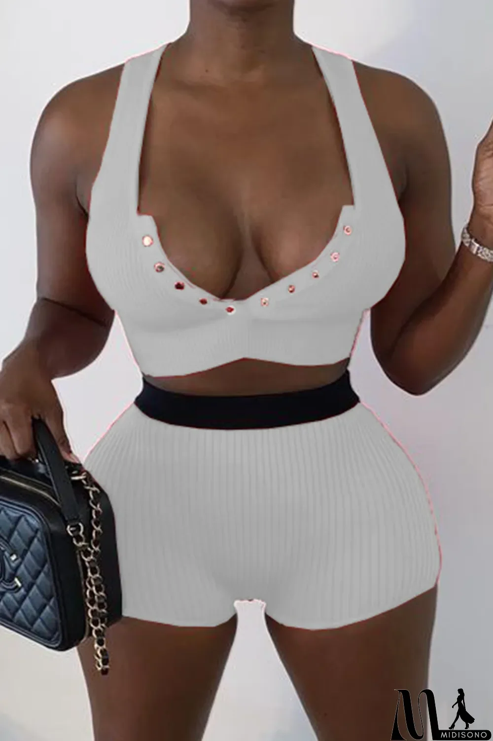 MidiSono - Red Sexy Solid Buckle V Neck Sleeveless Two Pieces