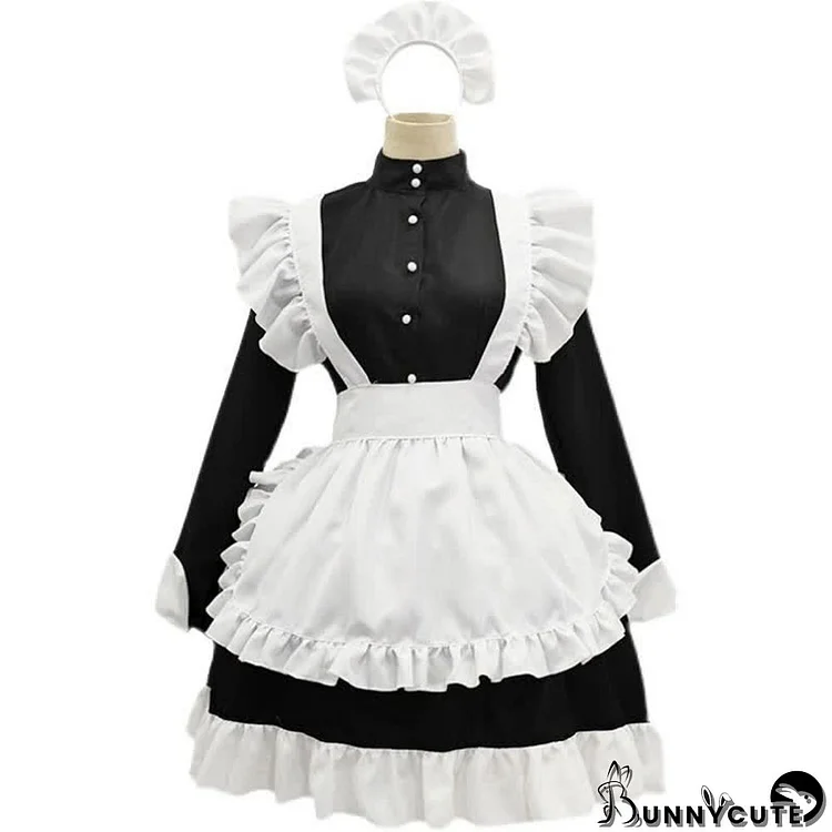 Button Long Sleeve Ruffled Lolita Maid Dress