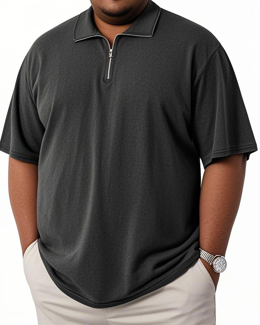 Men's Plus Size Washed Solid Color Lapel Zipper Short Sleeve Shirt