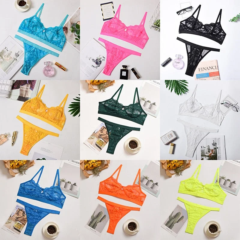 Ellolace Sexy Lace Lingerie Women's Underwear Sensual Solid Brief Sets Wireless Transparent Bra And Panty Exotic Bilizna Set