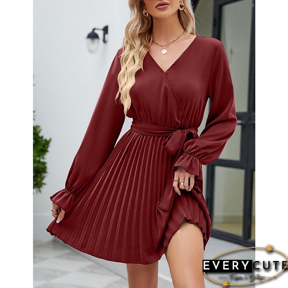 Burgundy V Neck Long Sleeve Pleated Mini Dress with Belt