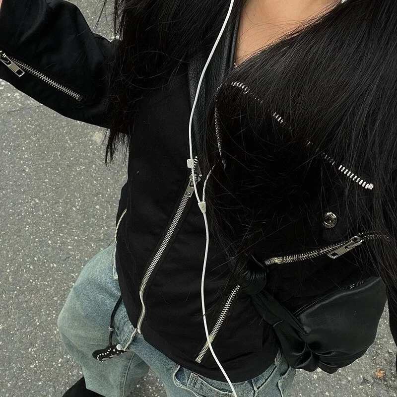 Jacket Zip Up Clothes 2000s Aesthetic Women Turn-down Collar Long Sleeve Coat Punk Gothic Clothes Casual Streetwear