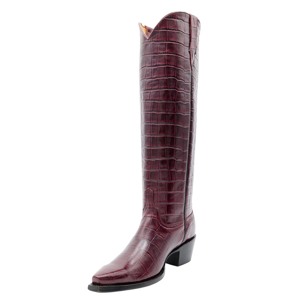 Low Block Heel Embossed Burgundy Snip Toe Cowboy Boots for Women Nicepairs