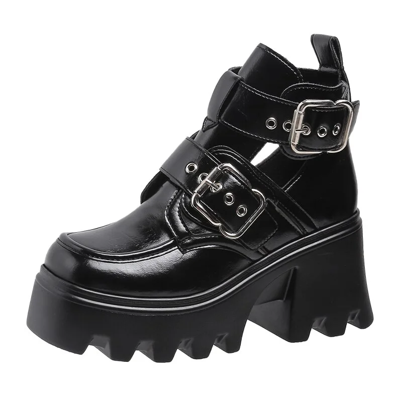 Qengg Biker Combat Boots Women Platforms Chunky Block High Heel Punk Shoes Gothic Rivet Buckle Ankle Military Large Size 34-45