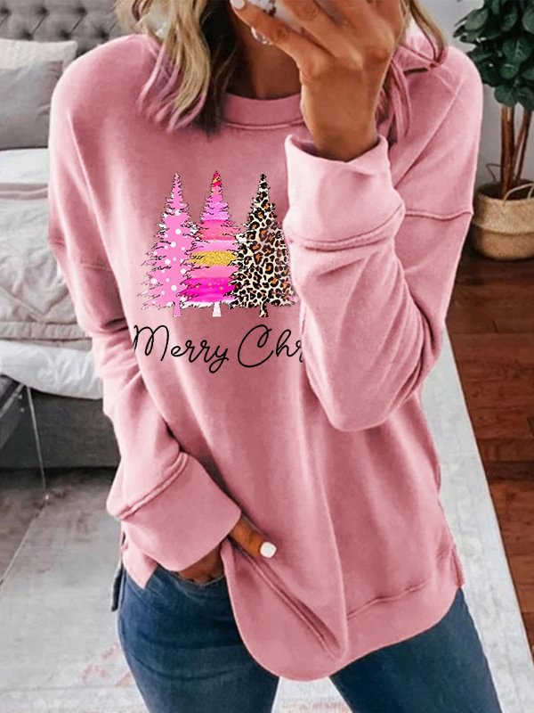 Women's Pink Vintage Christmas Tree Print Long Sleeve Sweatshirt