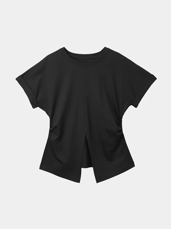 Batwing Sleeves Loose Pleated Solid Color Split-Front Split-Joint Round-Neck T-Shirts
