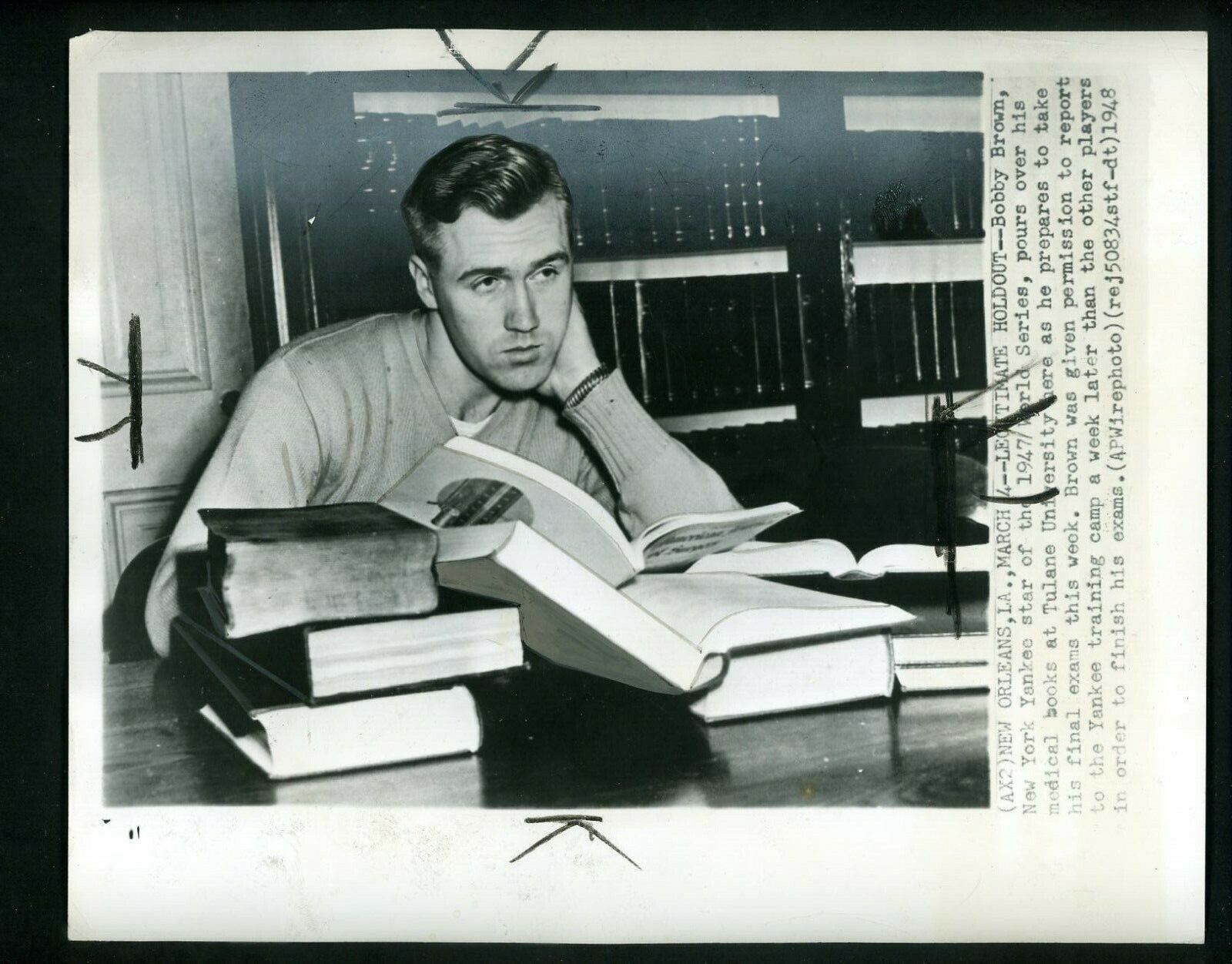 Bobby Brown studies for medical final exams 1948 Press Photo Poster painting New York Yankees