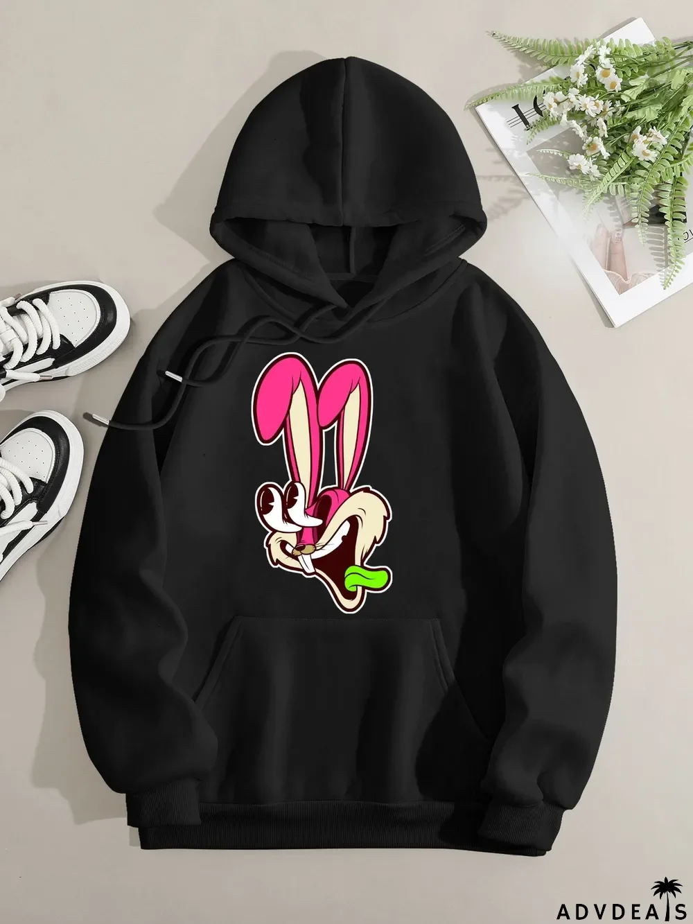 Printed on front Kangaroo Pocket Hoodie Long Sleeve for Women Pattern Rabbit Surprised
