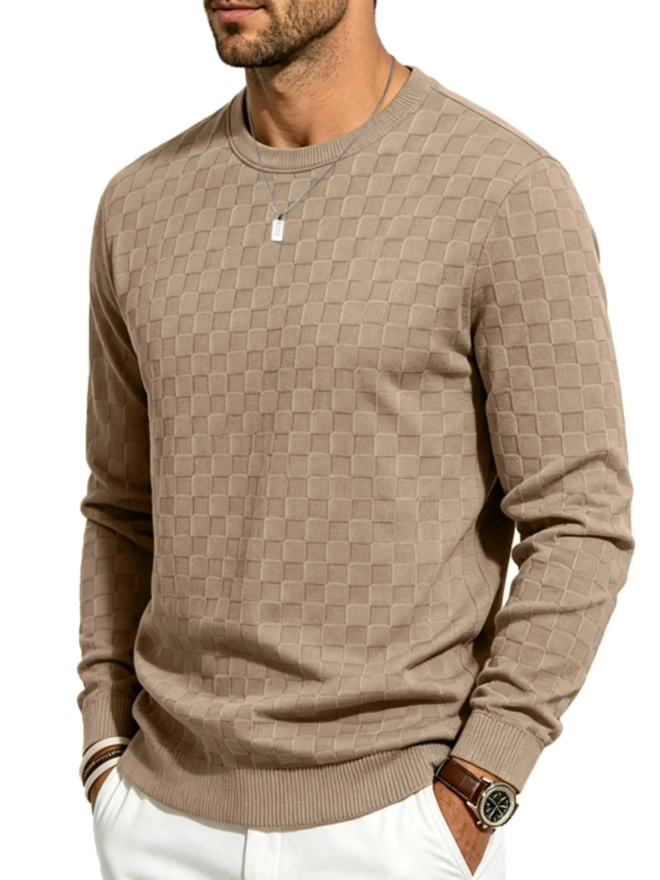 4-Pack Men's Plaid Knit Pullover, Textured Grid Pattern Long Sleeve, Soft Lightweight Casual Top, Minimalist Solid Color, Fall Winter Streetwear