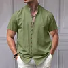 Camicia da uomo a maniche corte in cotone e lino con collo alto e bottoni