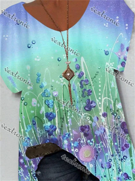 Women's Colorful Scoop Neck Short Sleeve Geometric Top
