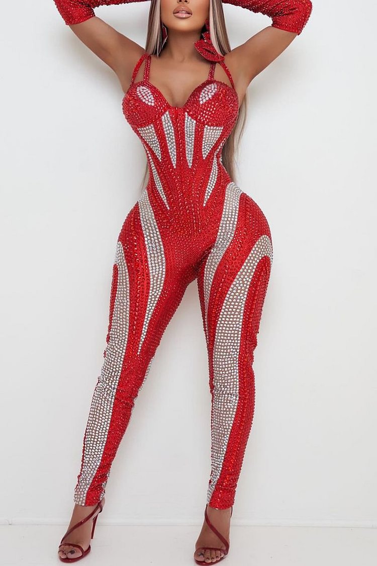 Plus Size Red Party Sequin Sleeveless Out Jumpsuits (Without Gloves) [Pre-Order]