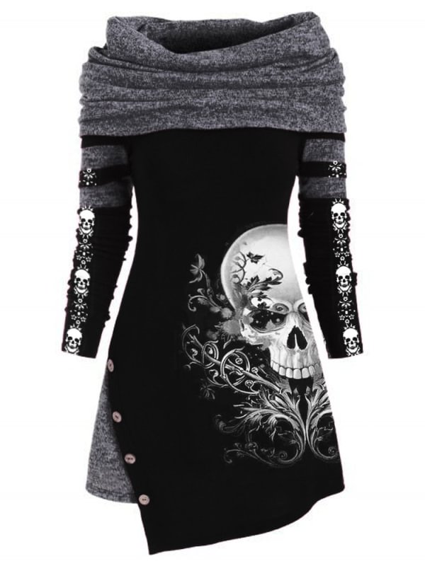 Punk Skull Print Warm Knit Irregular Top