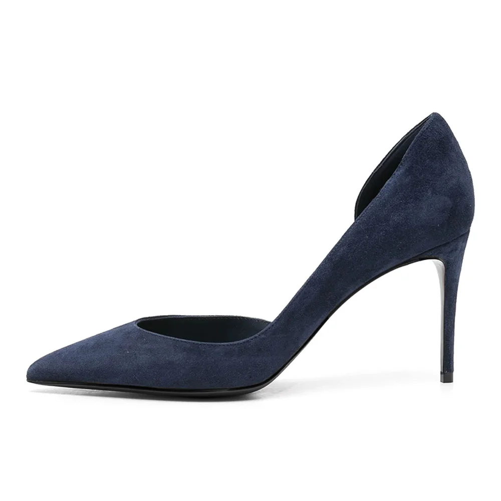 Vegan Suede Closed Pointed Toe Slip On D'Orsay Navy Blue Heels