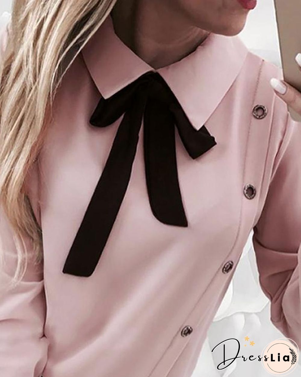 Contrast Tied Neck Buttoned Casual Shirt P11060