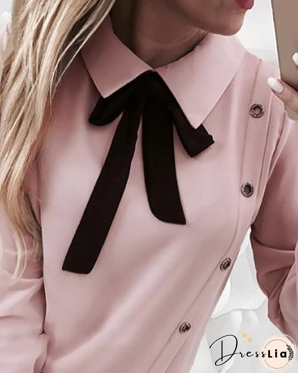 Contrast Tied Neck Buttoned Casual Shirt P11060