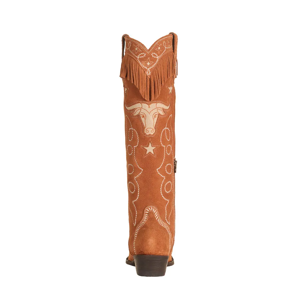 Women's Tan Cow & Star Inlay Embroidered Knee High Cowgirl Boots