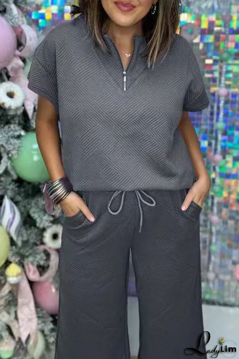 Casual Simplicity Solid Pocket Zipper Texture Turndown Collar Short Sleeve Two Pieces