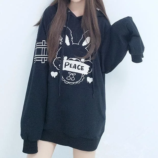 [Reservation] Black Cute Peace Bunny Hoodie Jumper SP1711338