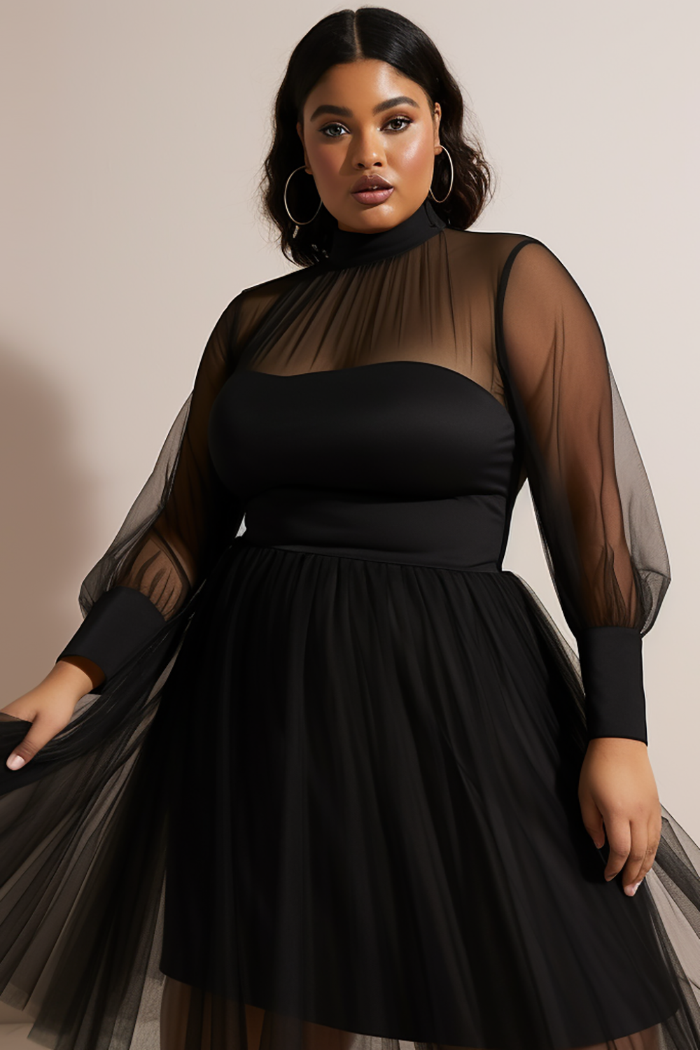Design Plus Size Party Midi Dresses Elegant Black Fall Winter Mock Neck Tulle Long Sleeve See Through Mesh Midi Dresses [Pre-Order]