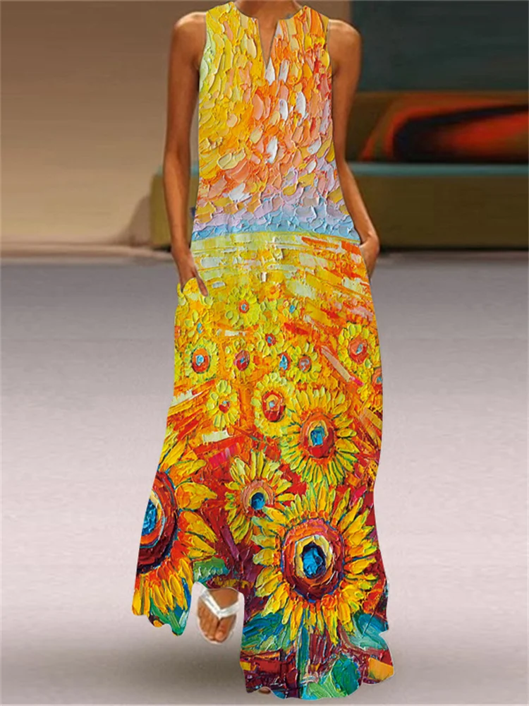 Sunflowers Oil Painting Flowy Maxi Dress