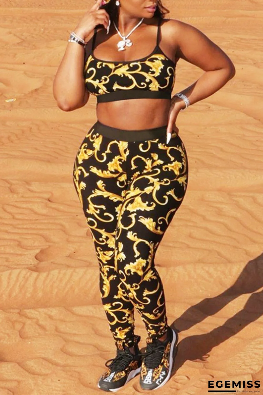 Black Sexy Casual Print Backless Spaghetti Strap Sleeveless Two Pieces | EGEMISS