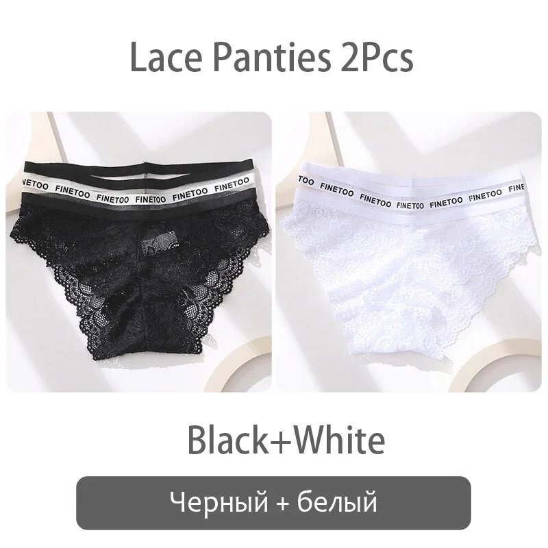 FINETOO 2Pcs Lace Panties Women Sexy Transparent Briefs Low Waist Floral Underwear Fashion Ladies Underpants L-2XL Girl Lingerie