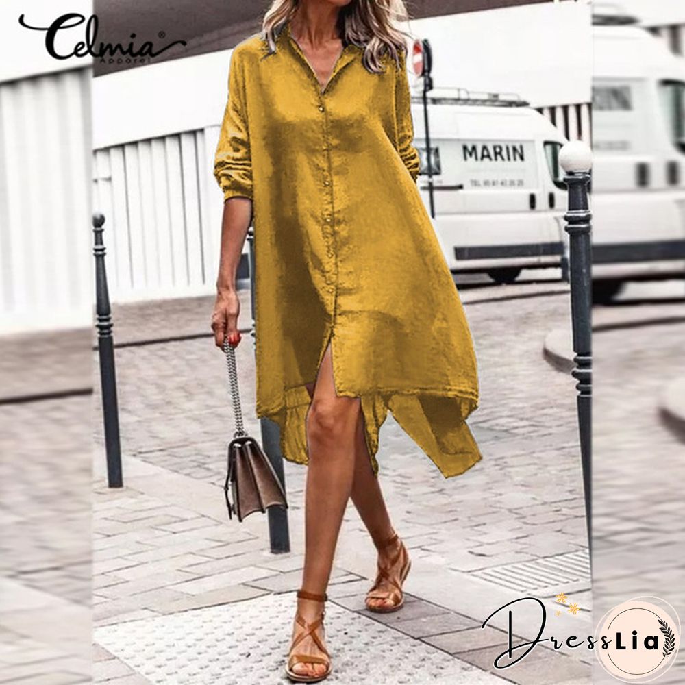Celmia Women Cotton Long Sleeve Shirt Dress Fashion Irregular Split Hem Party Long Dress Vestidos Plus Size