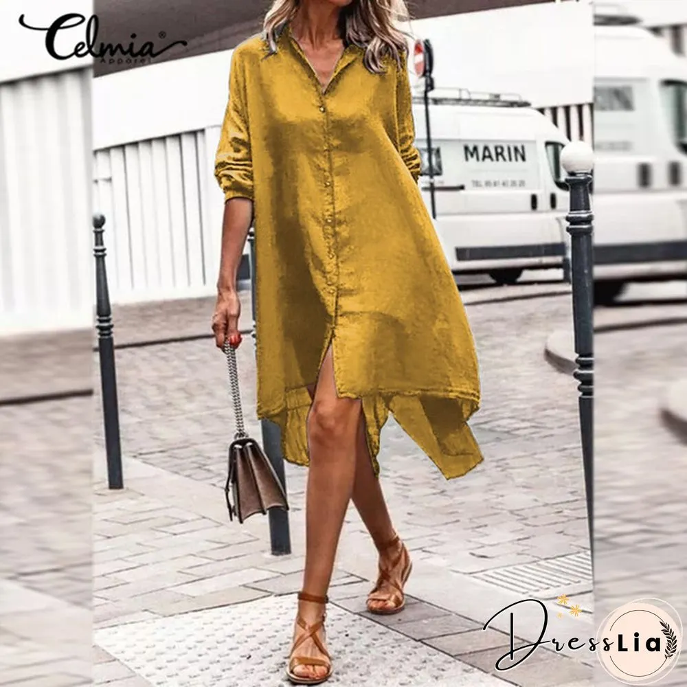 Celmia Women Cotton Long Sleeve Shirt Dress Fashion Irregular Split Hem Party Long Dress Vestidos Plus Size