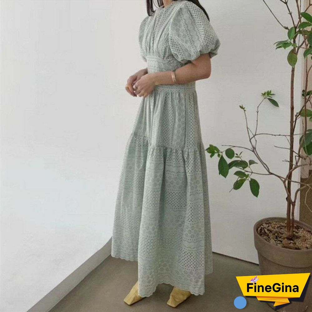 round neck solid color temperament hollow lace dress women