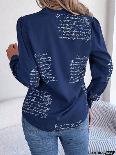 Letter Printed Button Up Long Sleeve Blouse