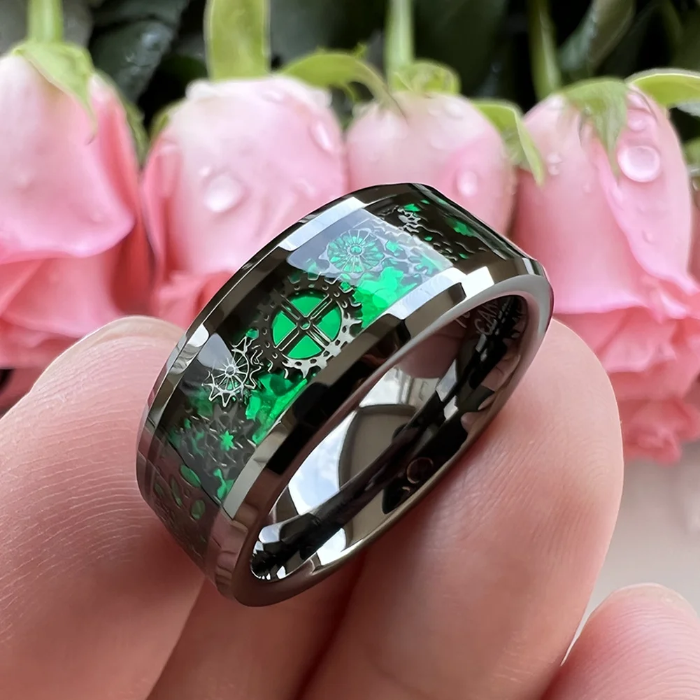 6MM 8MM Women's or Men's Tungsten Carbide Wedding Gear Rings Black with Mechanical Gear Green Carbon Fiber