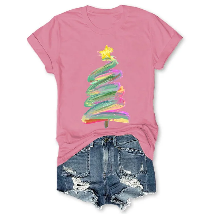 Wearshes Christmas Tree Print Short Sleeve Casual T-Shirt