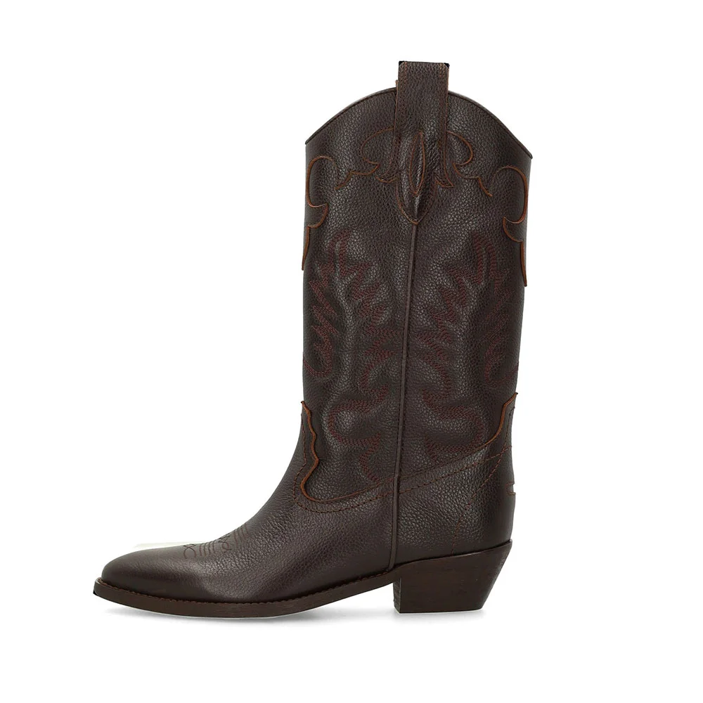 Brown Pointed Toe Embroidered Mid Calf Western Boots for Women
