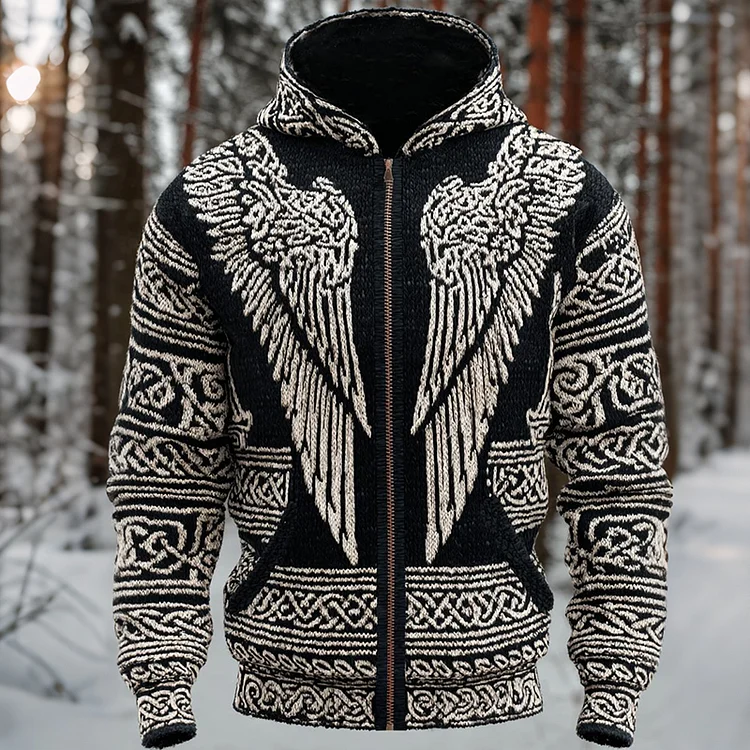 Men's Viking Celtic With Wings Art Cozy Knit Zipped Hooded Sweater
